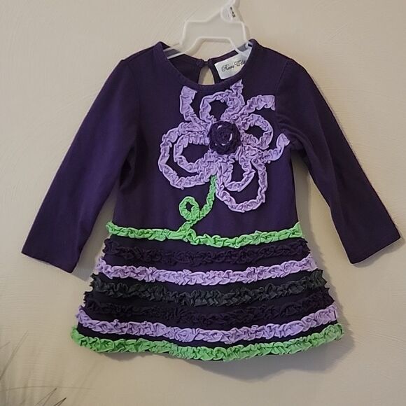 RARE EDITIONS DEEP PURPLE FLORAL RUFFLE LONG-SLEEVE DRESS, SIZE 24 MONTHS - Picture 1 of 6